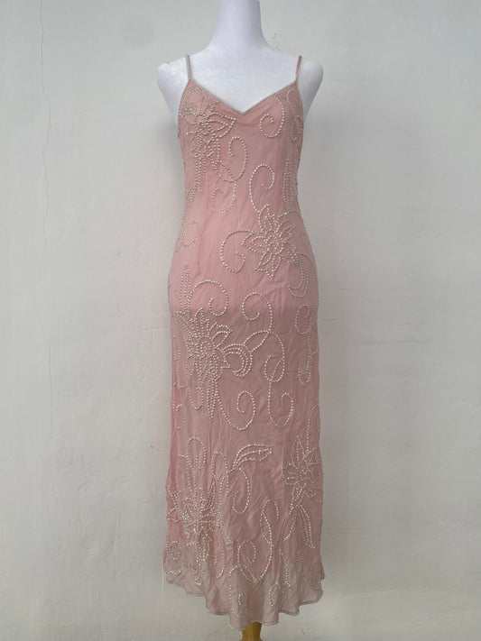 100% silk brand new baby pink maxi dress with handbeaded details