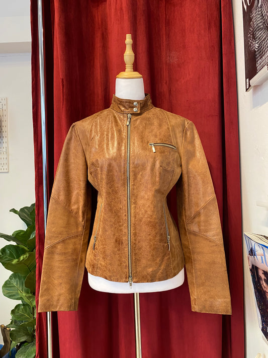 Real leather fitted biker brown leather