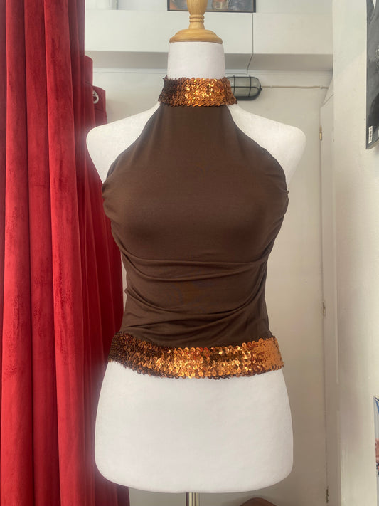 Brand new brown halter top with sequin details