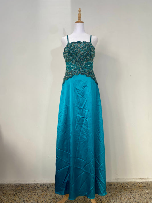 Brand new petrol gown with all over handbeaded details on the bust