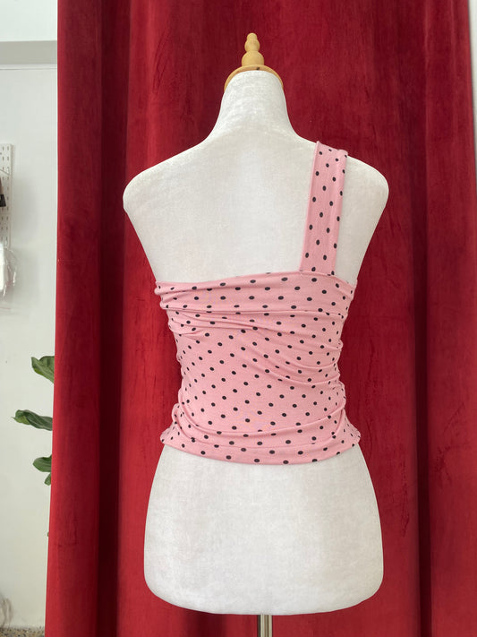 Pink one shoulder polka dot top