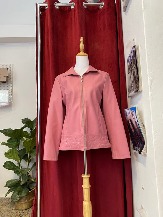 Real leather pink embroidered jacket