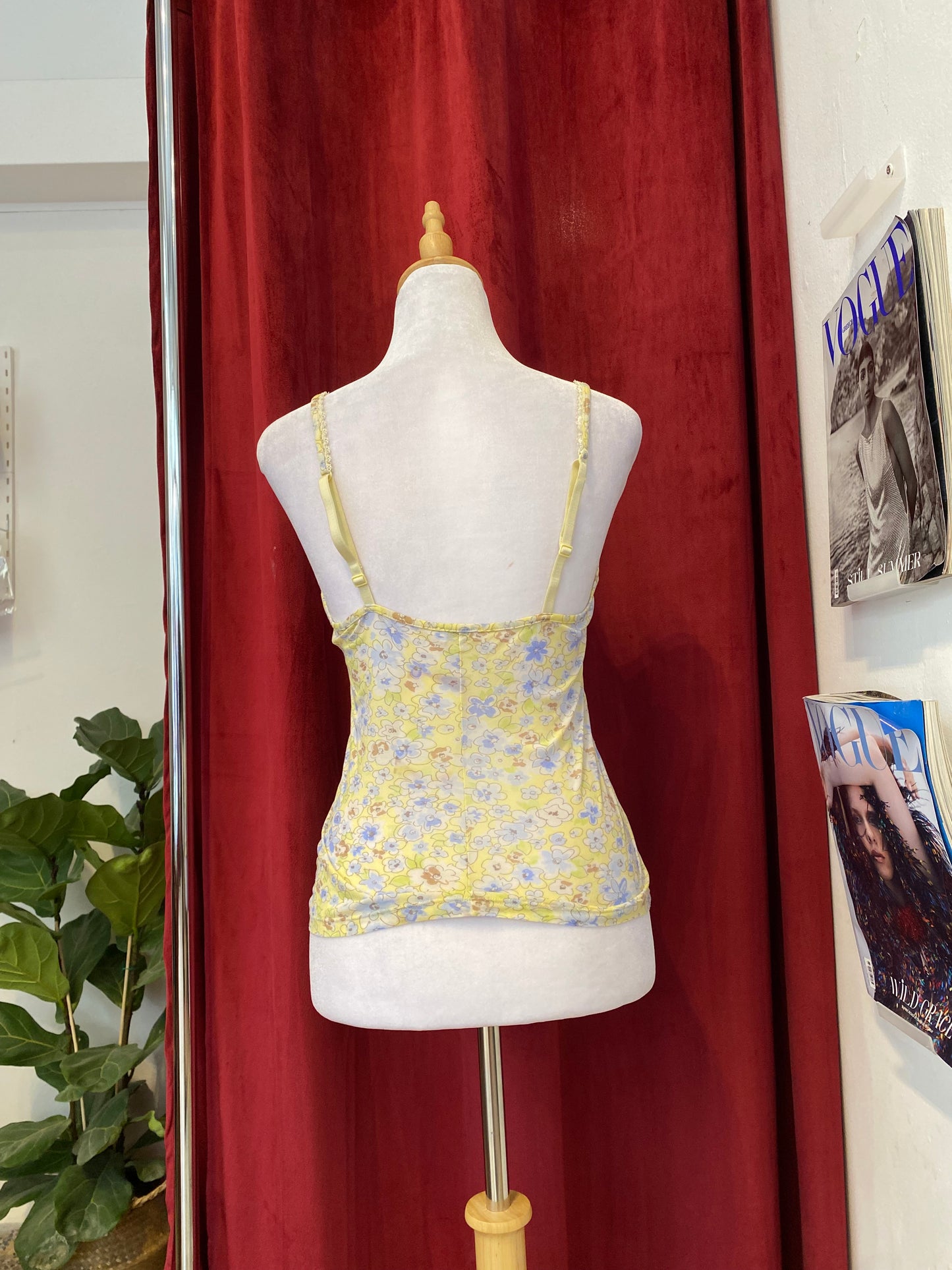 Yellow see through cami top with blue flower details