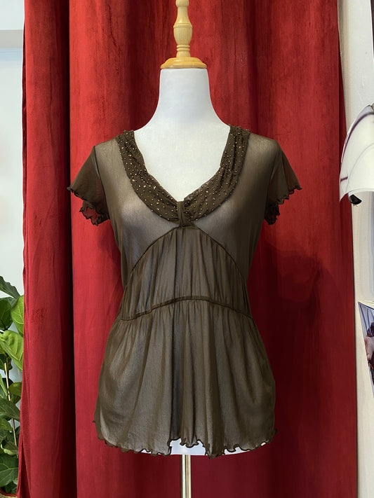 Brown mesh top with sequin details