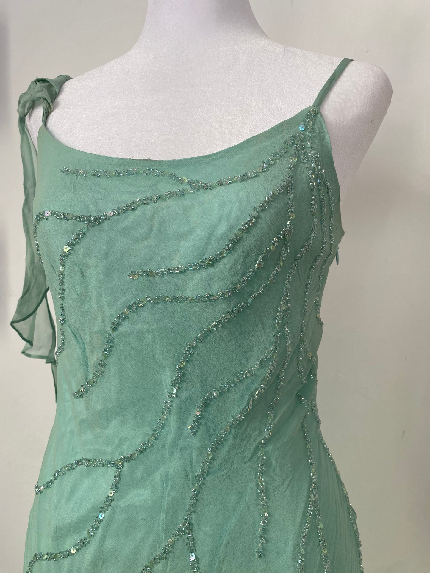 100% silk brand new light turquoise dress with all over handbeaded details