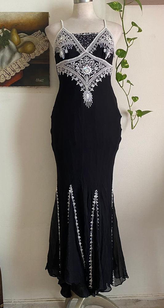 100% silk black maxi gown with handbeaded details