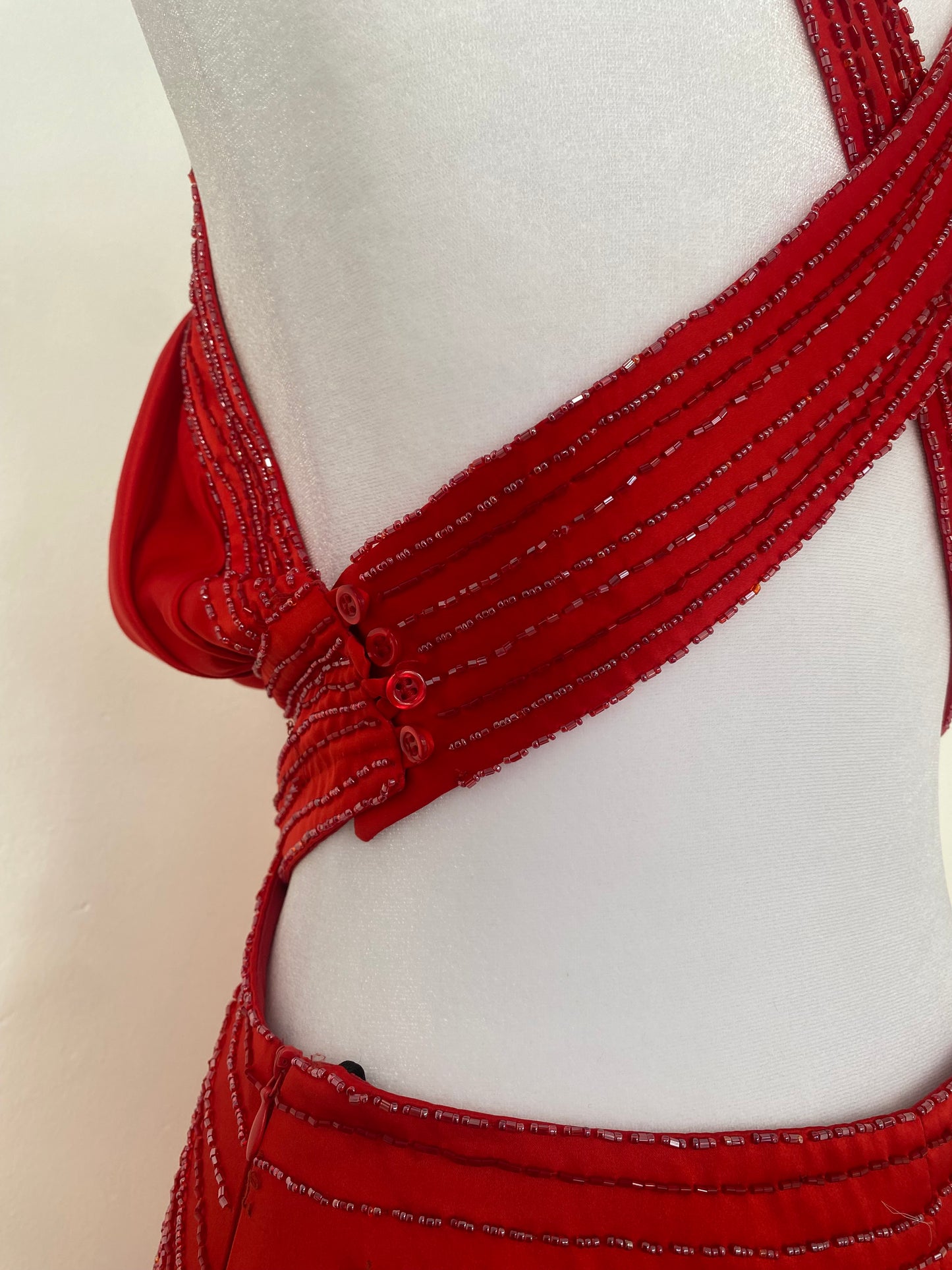 Brand new red satin gown with open back and sequin details
