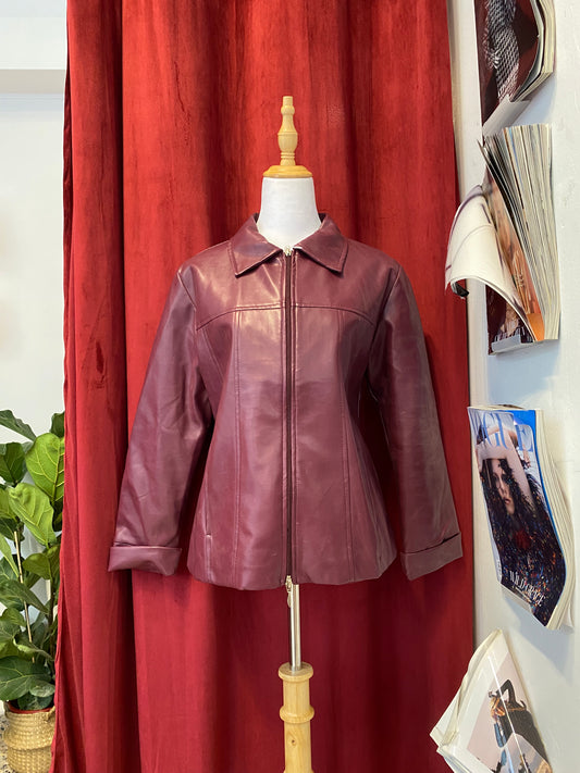 Vegan leather deep red bomber jacket
