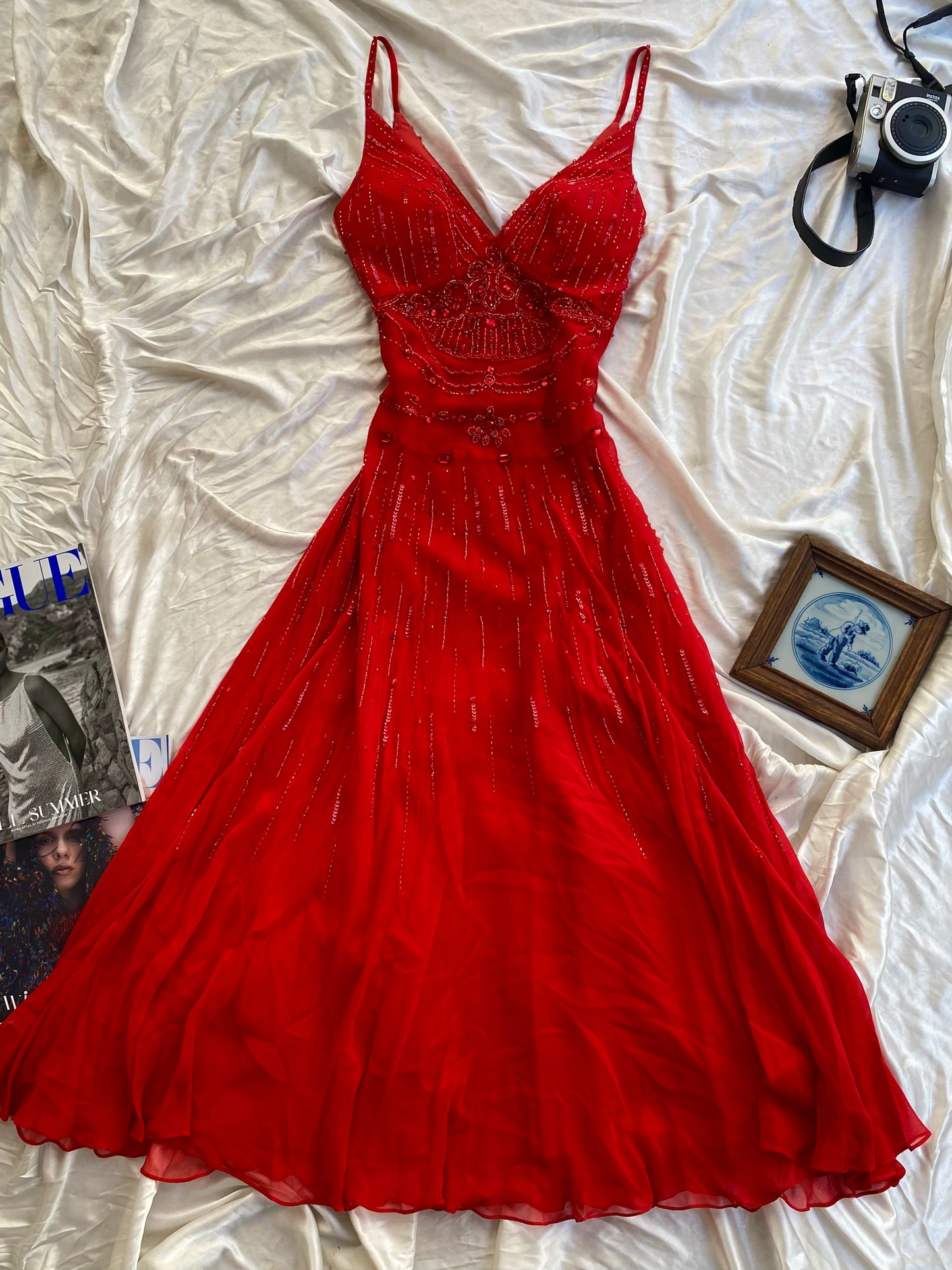 100% silk brand new red gown with all over handbeaded details