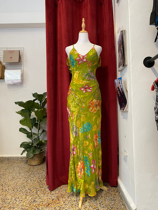 Silk green floor length gown with colourful all over details