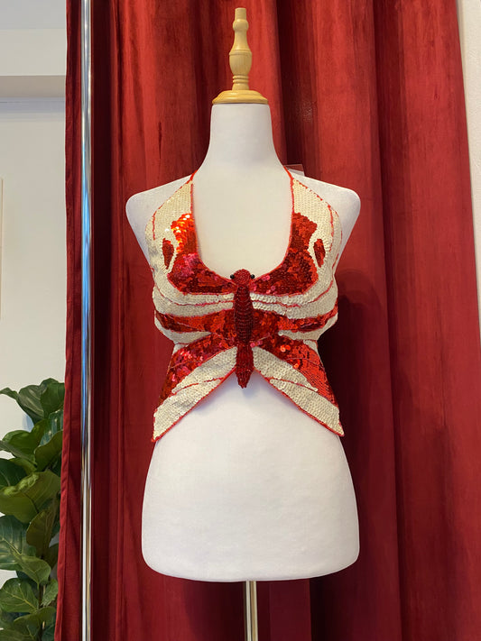 Butterfly y2k top with sequin details and open back