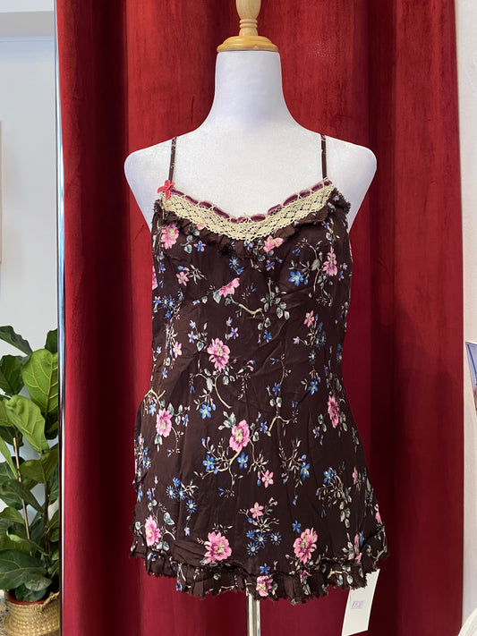 Vintage Benetton floral brown blouse with lace details