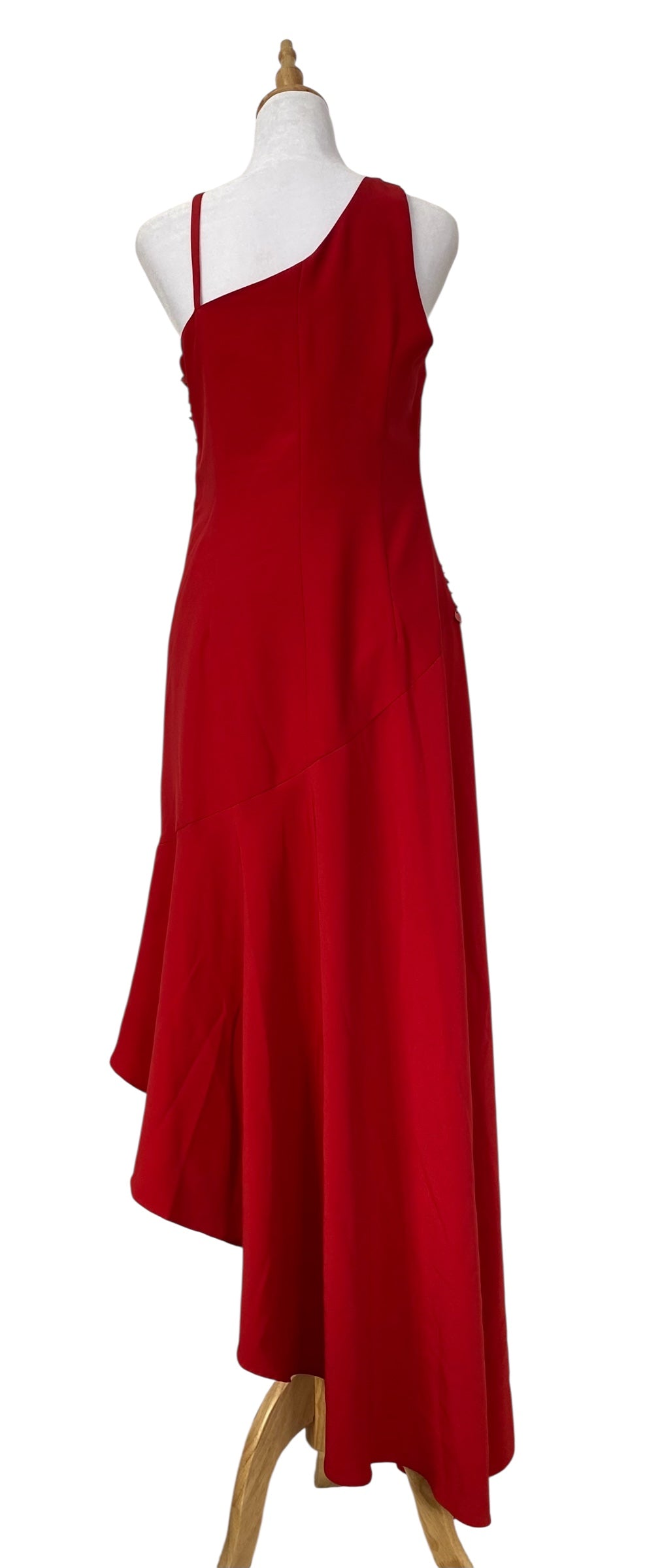 Brand-new deep red one shoulder maxi gown with sequin details
