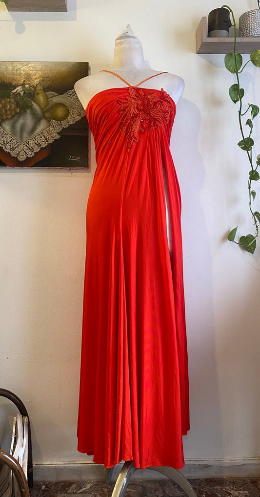 Brand new high slit haute couture orange rushed up dress