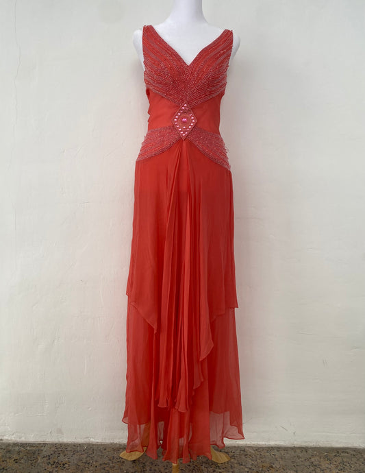 100% silk brand new pink maxi gown with handbeaded details