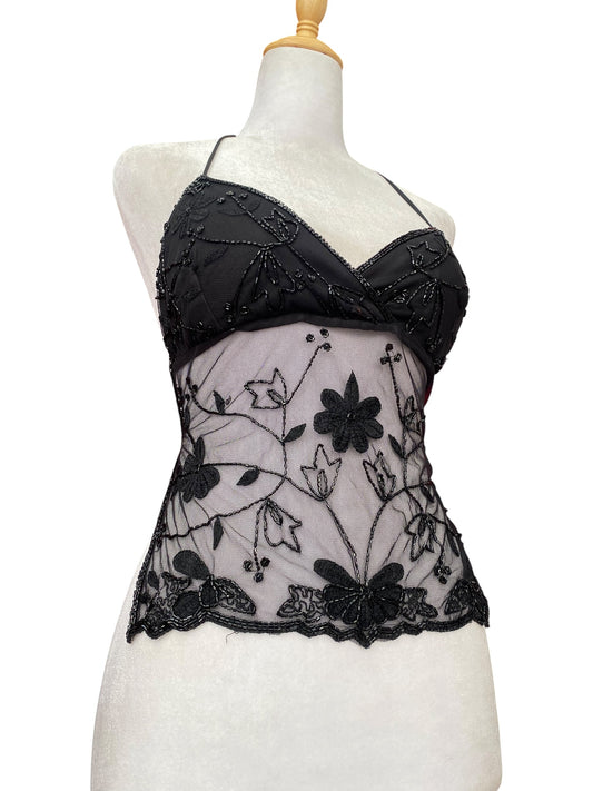 Black handbeaded open back top š¤