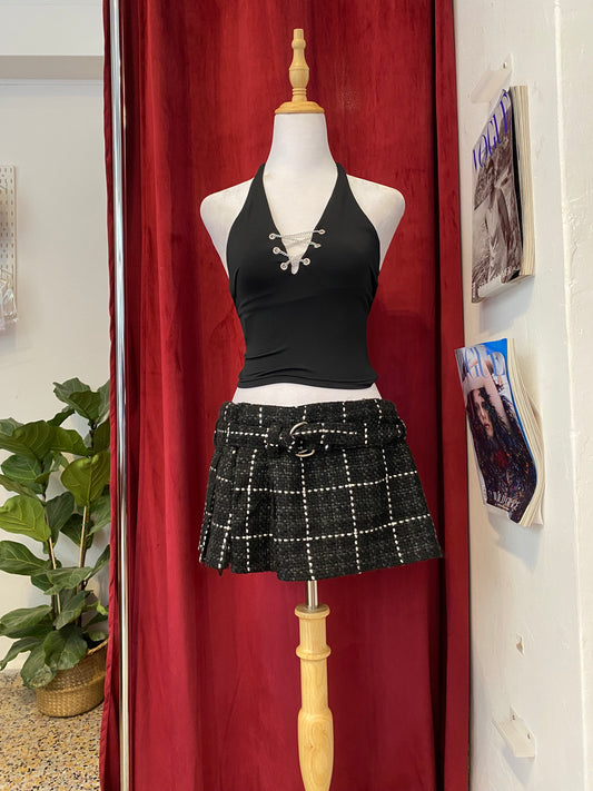 Micro mini pleated tweed skirt with belt detail