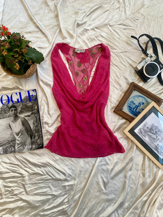 100% silk brand new pink open back handbeaded top 🌸