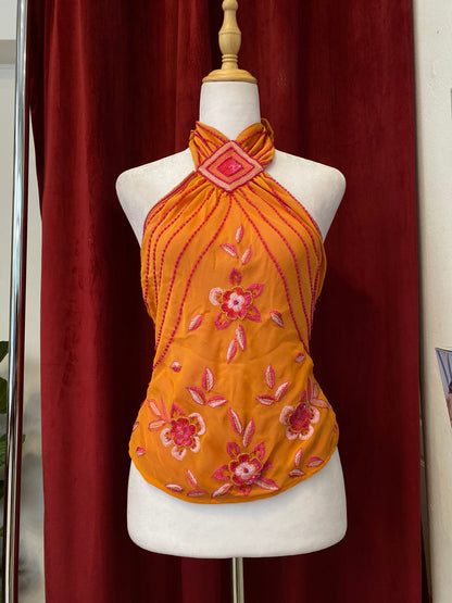 100% silk brand new orange open back handbeaded top 🍊