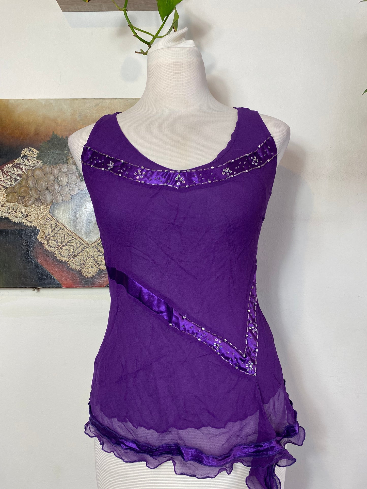 100% silk new deep purple sequin top