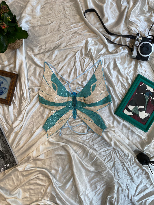 Butterfly y2k top with sequin details and open back