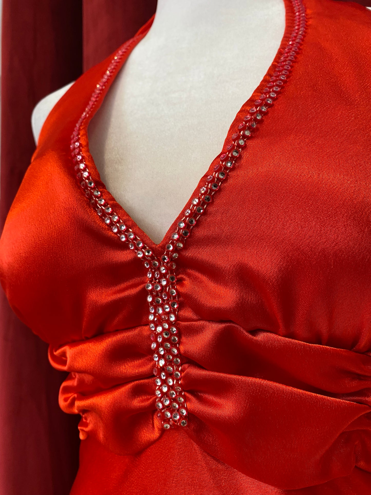 Red maxi satin gown with rhinestones