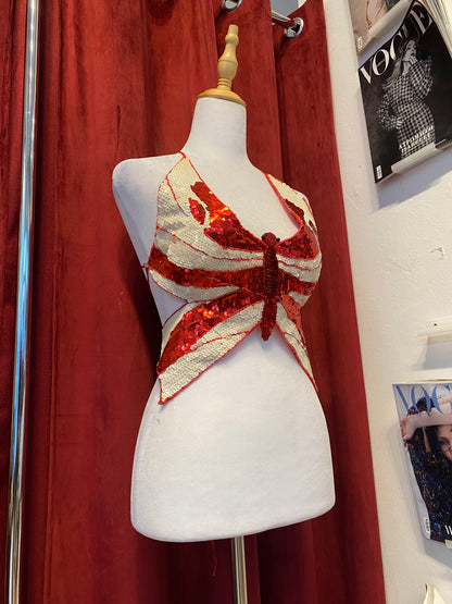 Butterfly y2k top with sequin details and open back