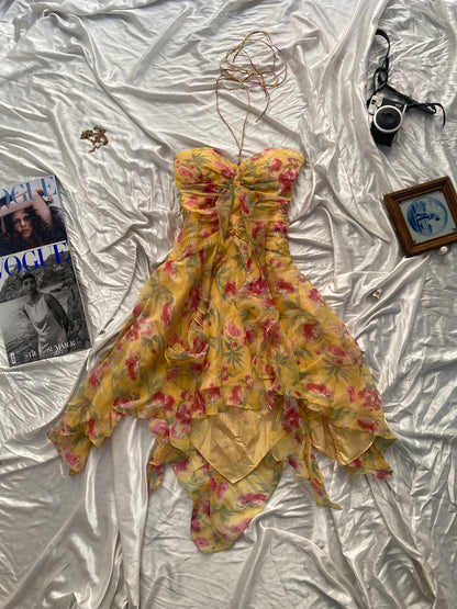 100% silk brand new yellow fairy ruffled dress with handbeaded details