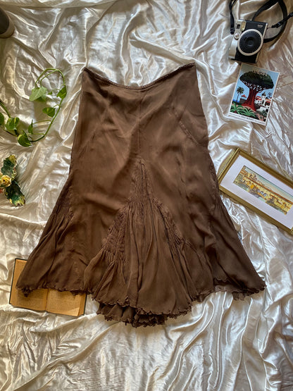 100% silk brown maxi ruffled skirt