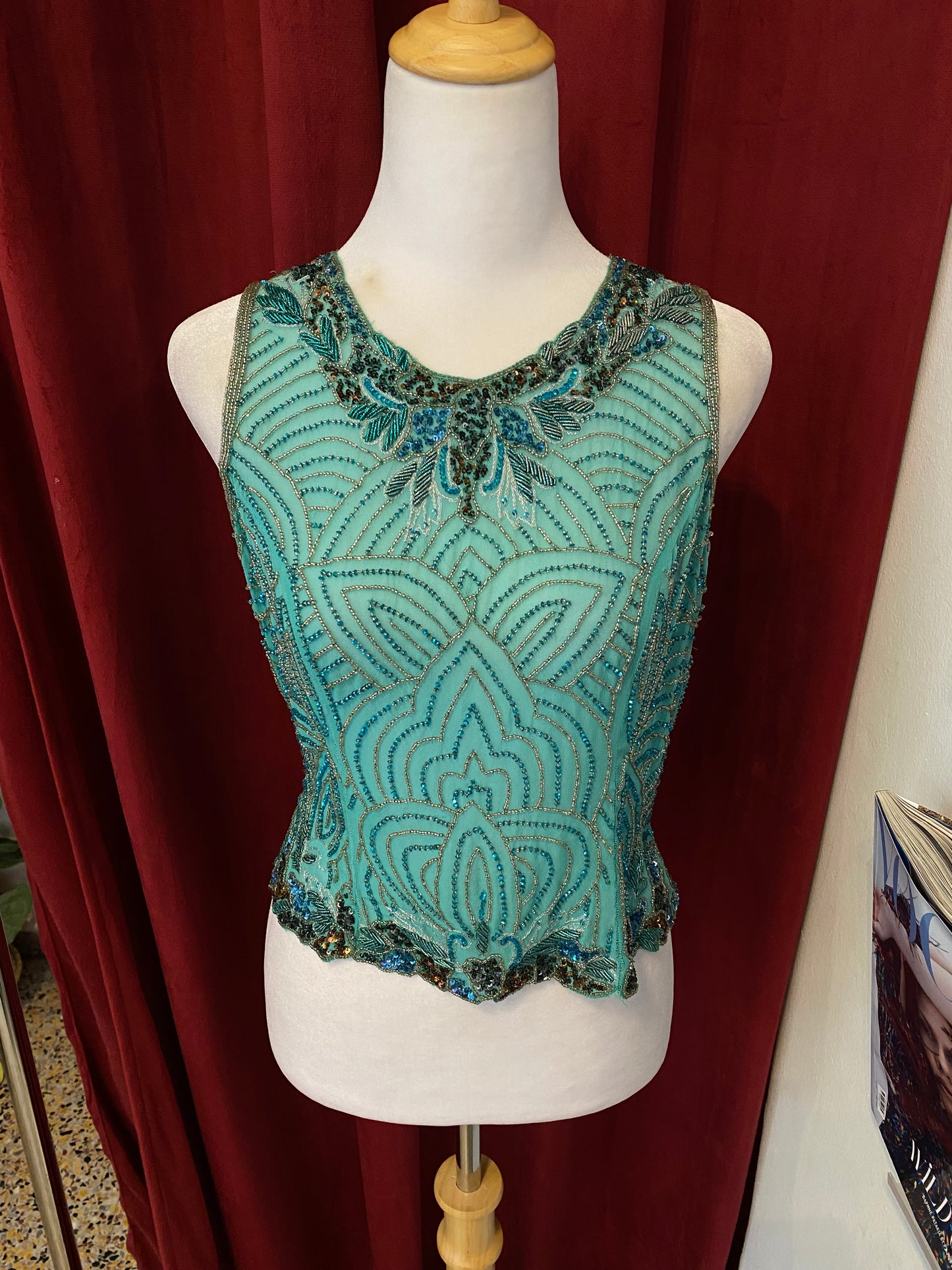 100% silk brand new handbeaded light blue top 🦋