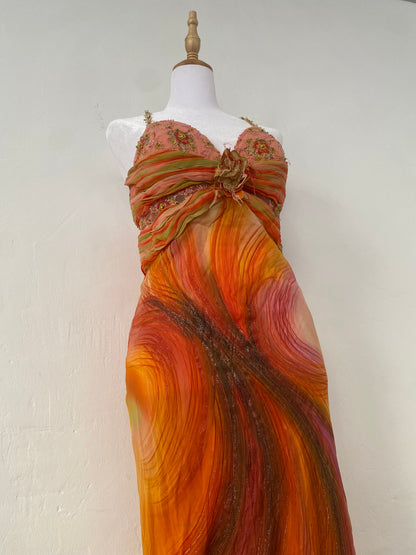 100% silk brand new sunset gown with handbeaded details