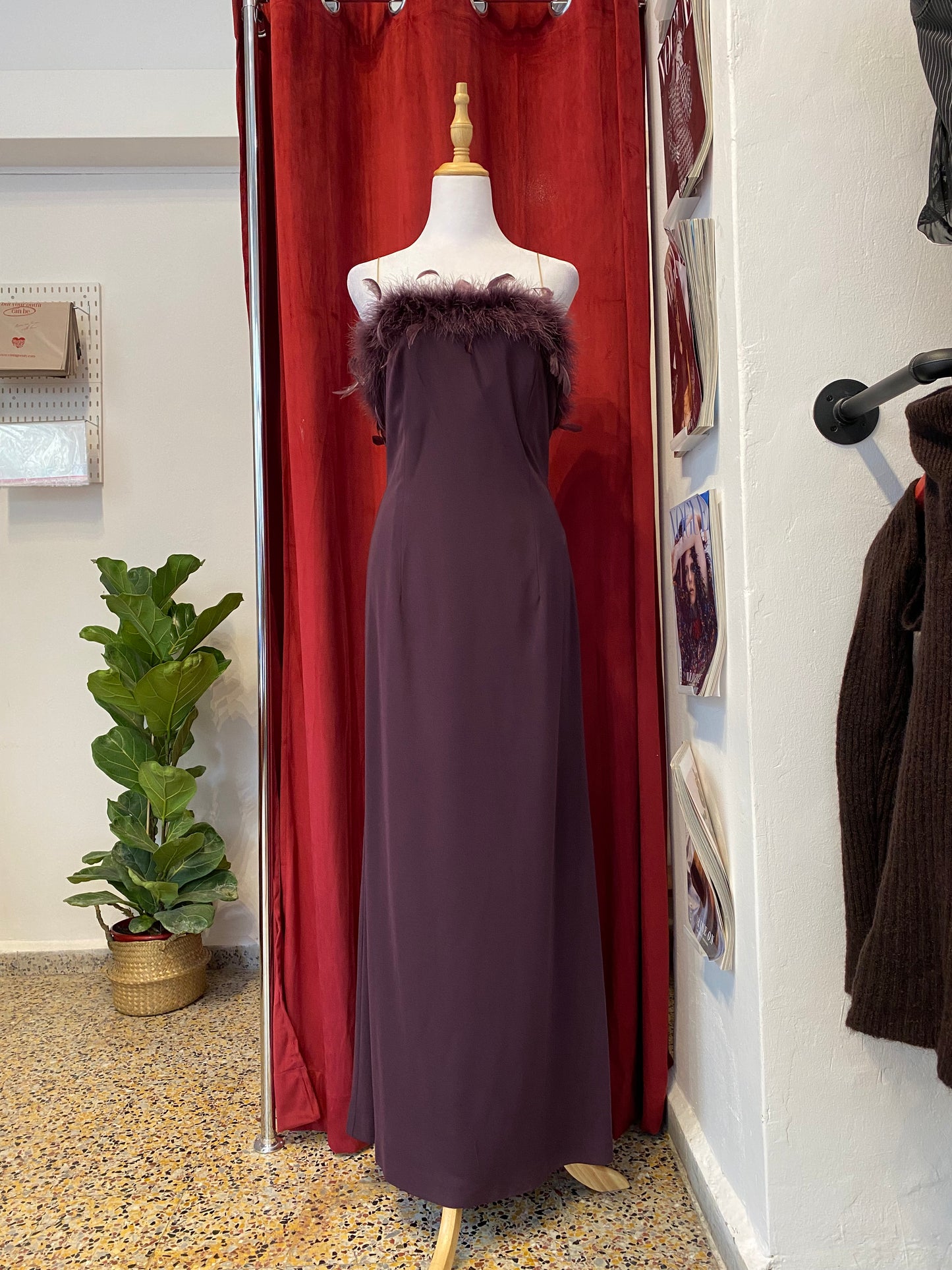 Brand new deep purple gown with feather bust