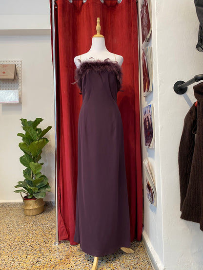 Brand new deep purple gown with feather bust
