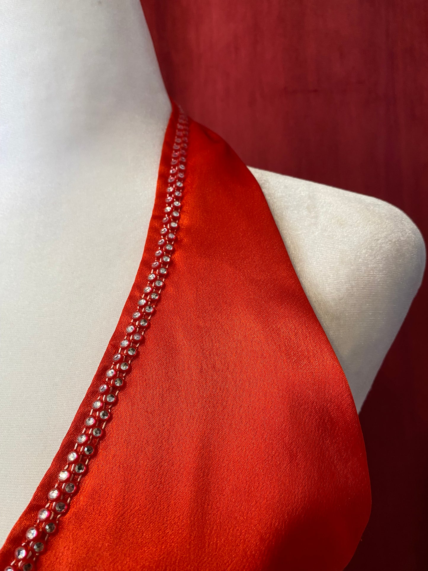 Red maxi satin gown with rhinestones