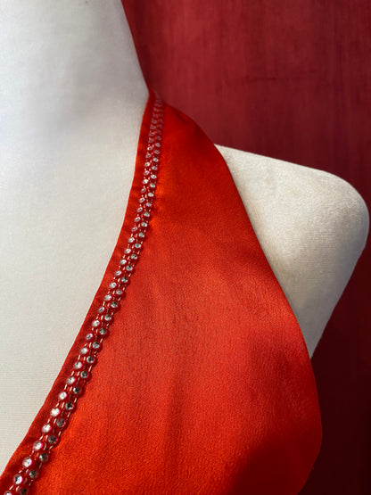 Red maxi satin gown with rhinestones