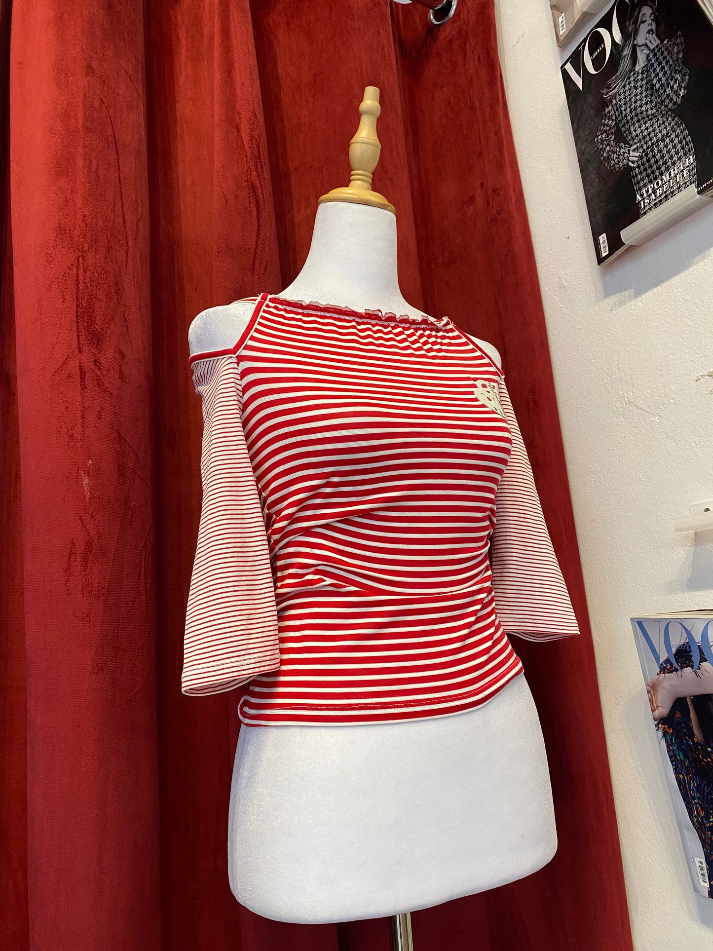 Morgan stripped red top with off the shoulder details