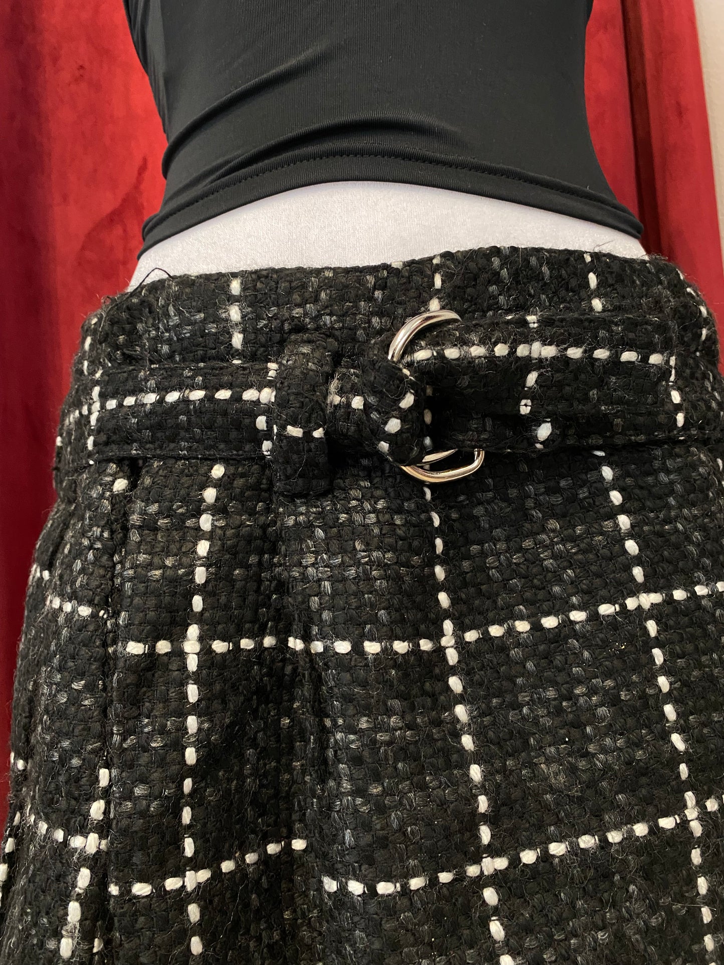 Micro mini pleated tweed skirt with belt detail