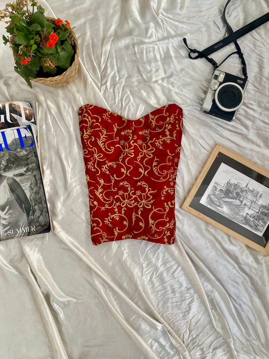 Bright red gold lace up corset 💋