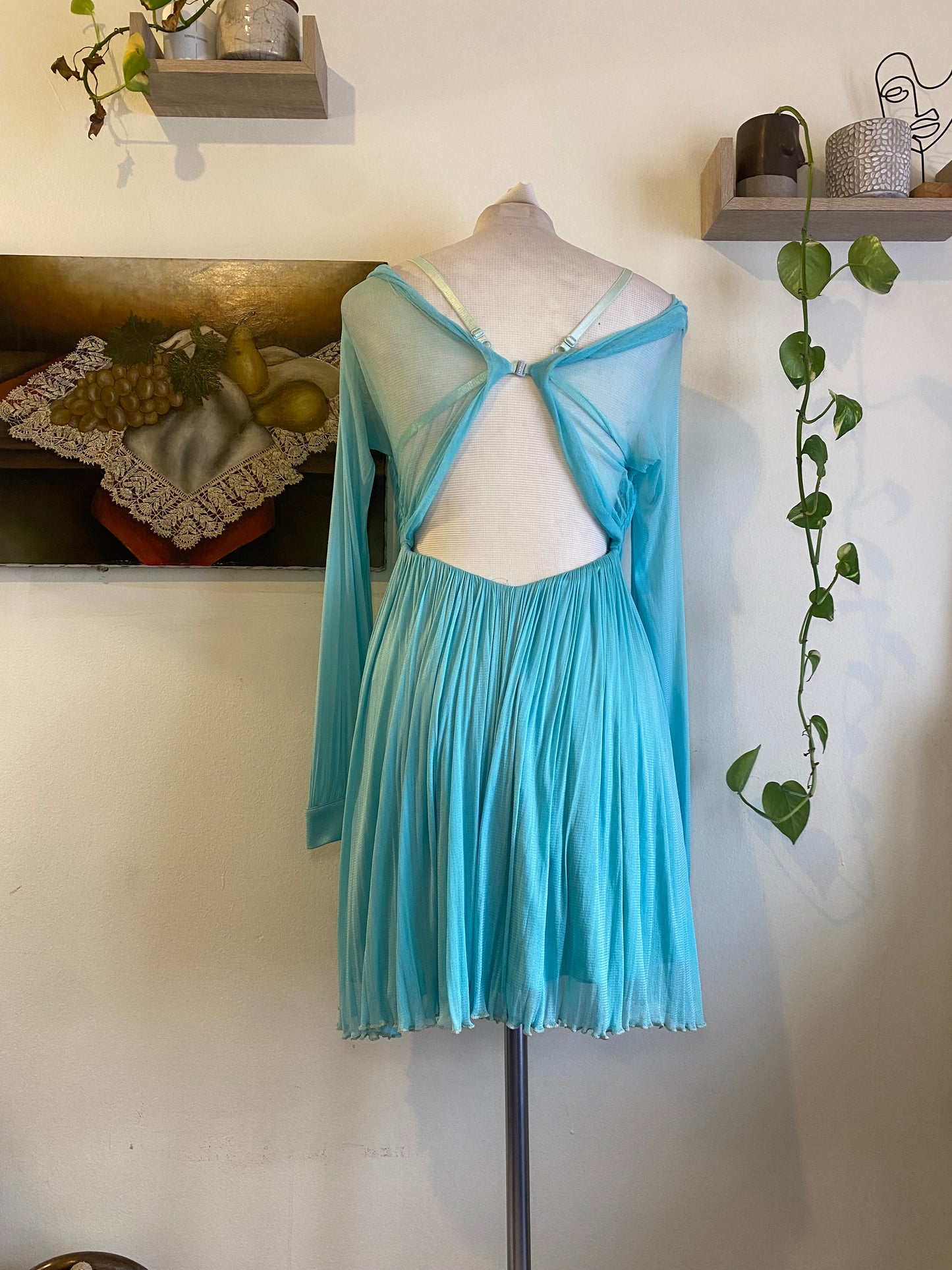 Brand new haute couture silk net baby blue mini dress