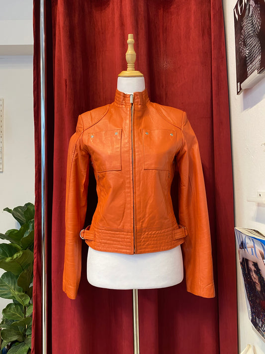 Real leather fitted orange biker jacket