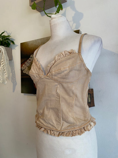 Denim corset with washed out details