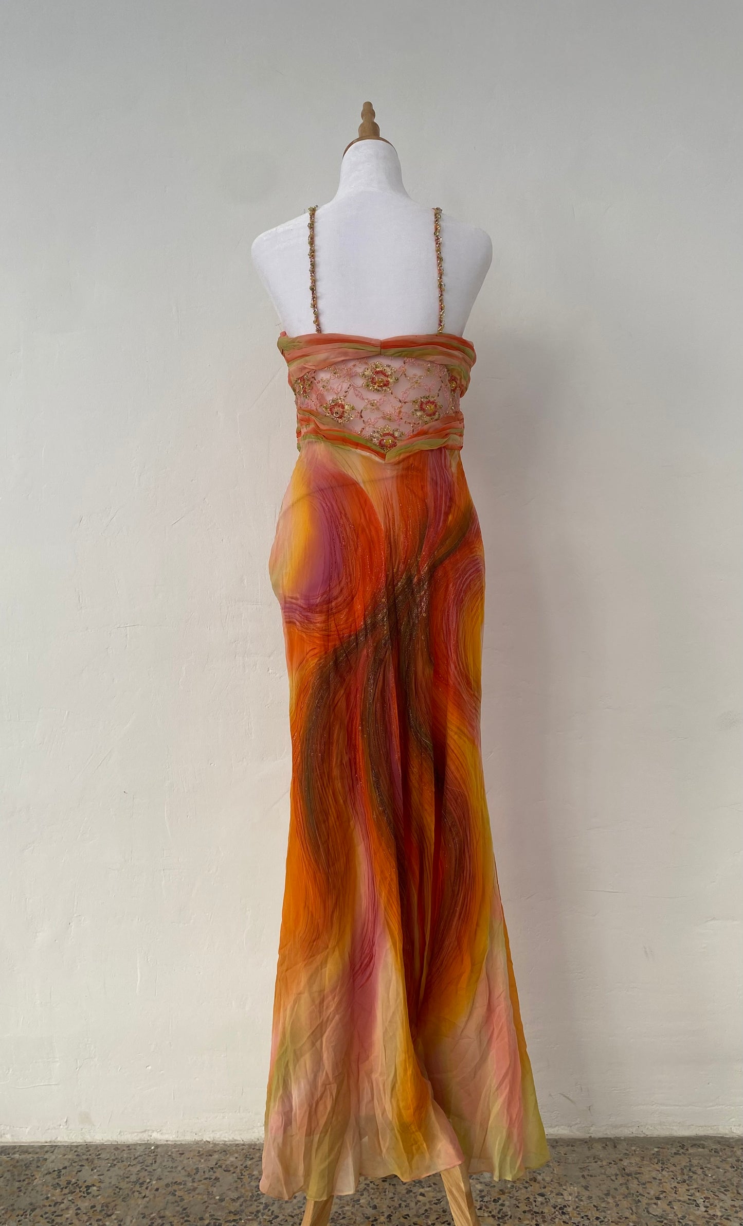 100% silk brand new sunset gown with handbeaded details