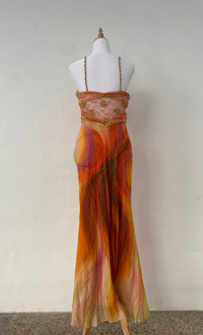 100% silk brand new sunset gown with handbeaded details