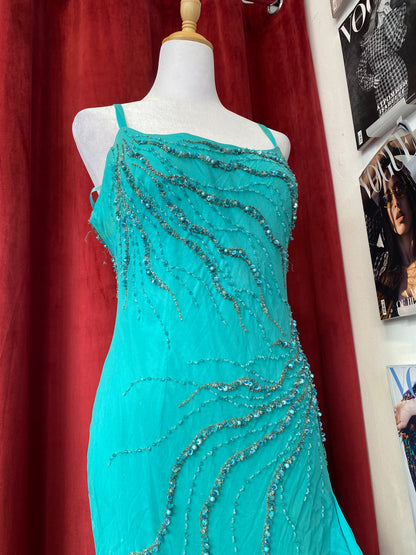 100% silk handbeaded gown with ruffles details