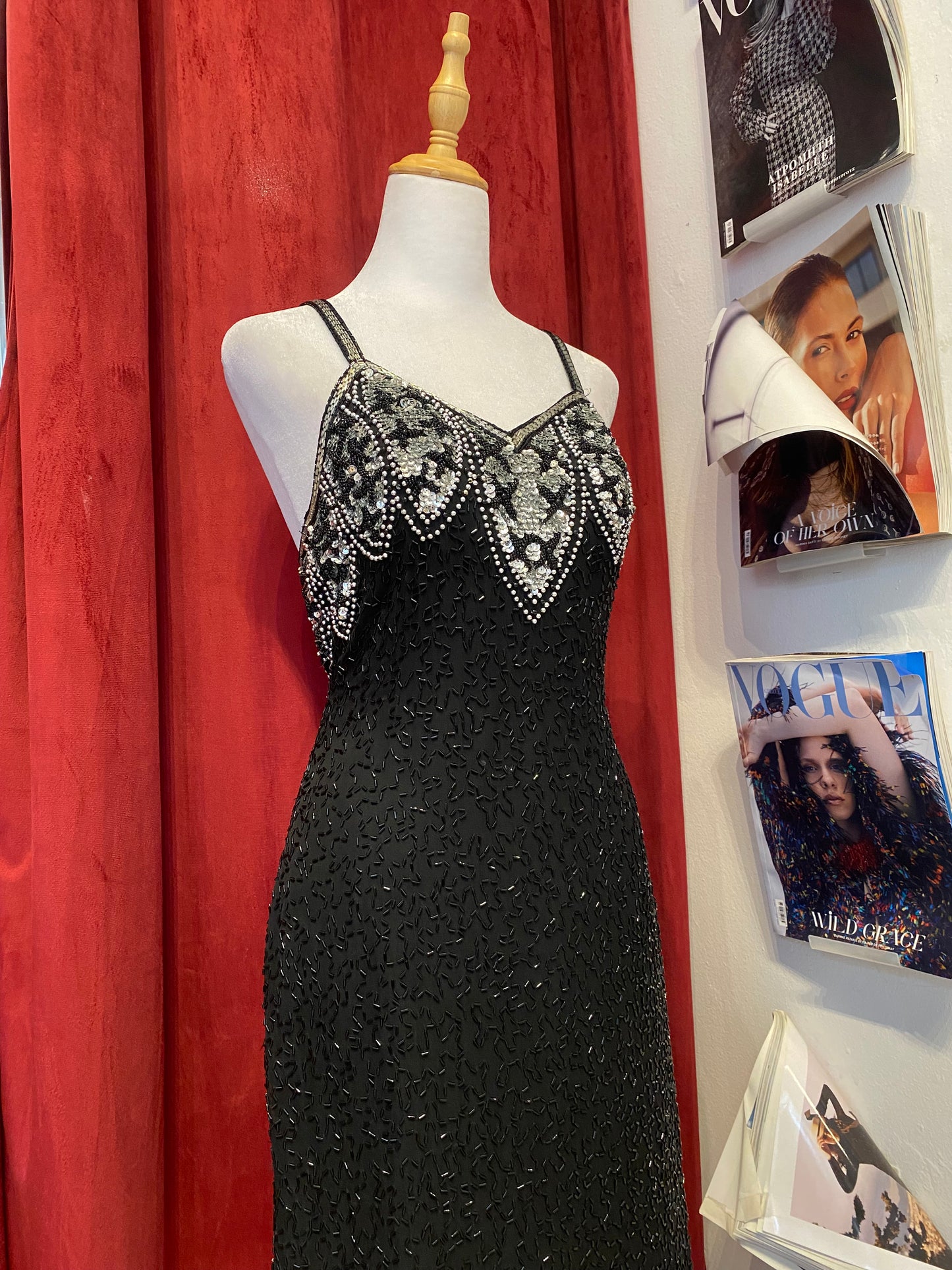 100% silk black dress with all over handbeaded details