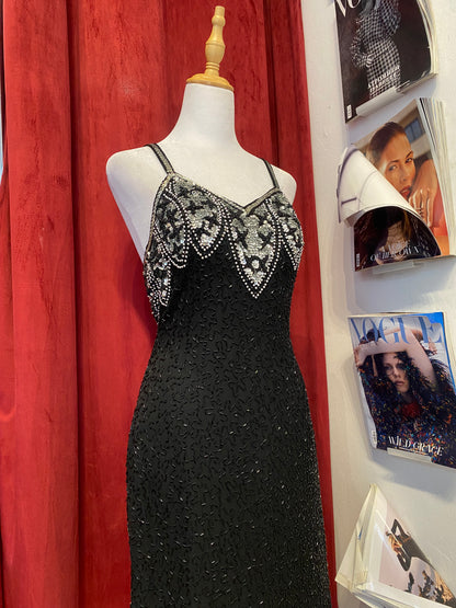 100% silk black dress with all over handbeaded details