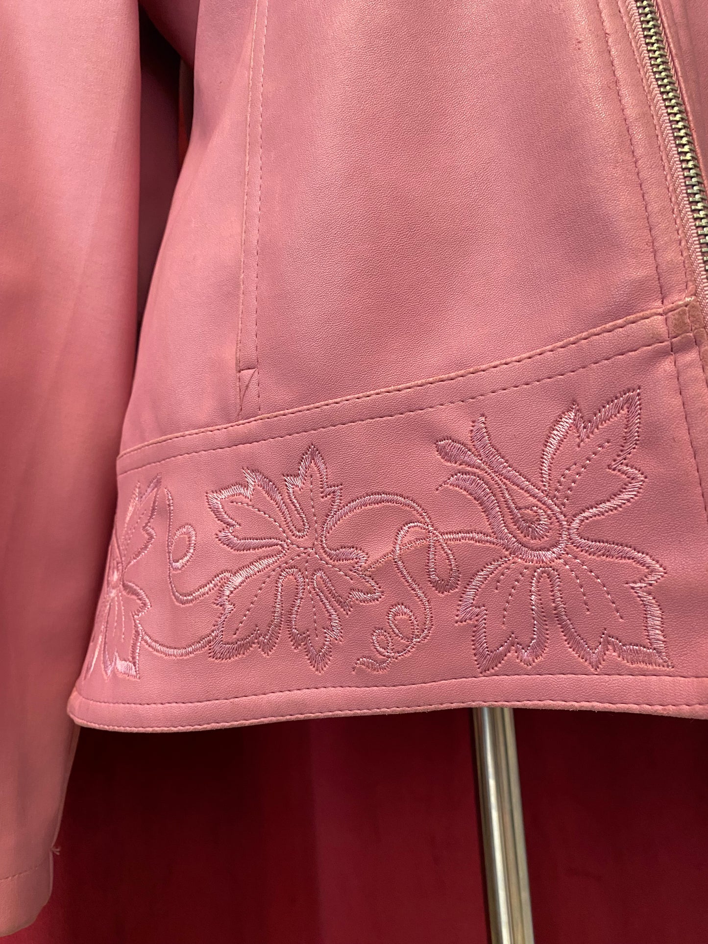 Real leather pink embroidered jacket