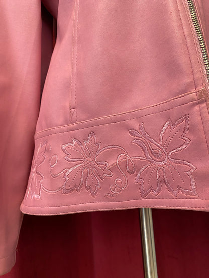 Real leather pink embroidered jacket