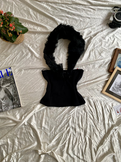 Black crop top with fur detail on the neck