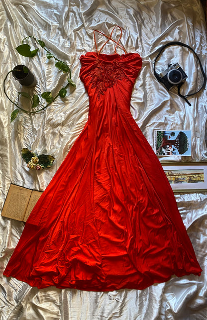 Brand new high slit haute couture orange rushed up dress